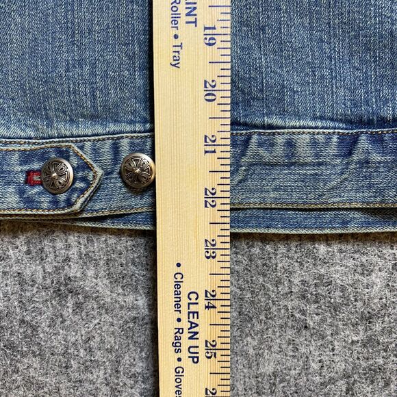 Chicos Denim Jacket Women Medium Blue Embroidered Asian Theme Trucker Style - Picture 12 of 14